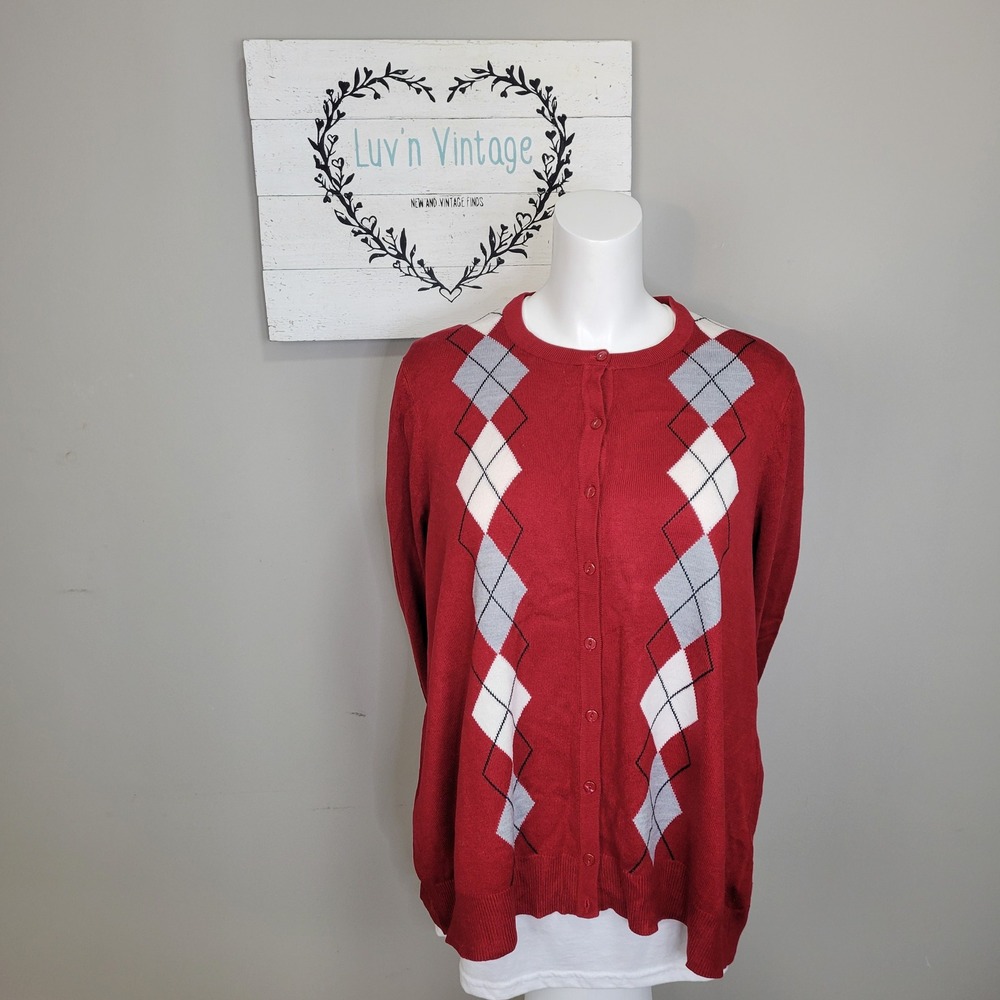 Croft & Barrow Red Argyle Button Front Cardigan Sweater Women